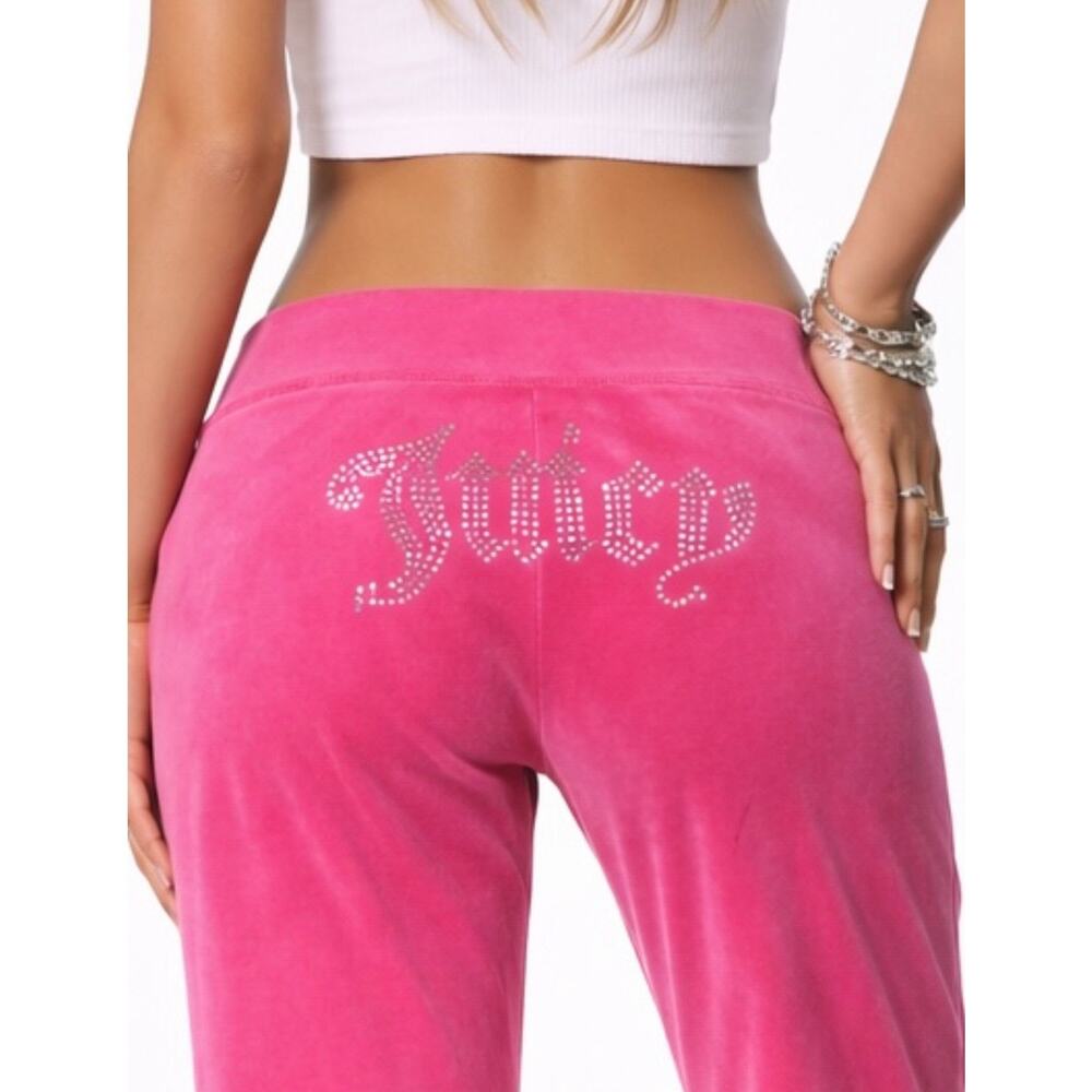 Juicy Couture Pink Velour Pant Women M Wide Leg Rhinestone Logo Y2K Low Rise New